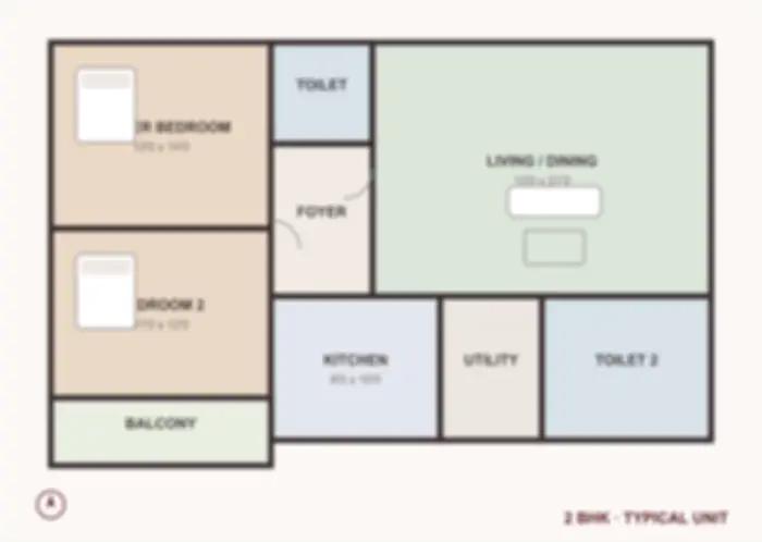 2 BHK floor plan, blurred