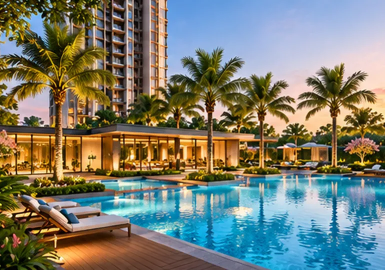 Resort pool with palms beside the clubhouse